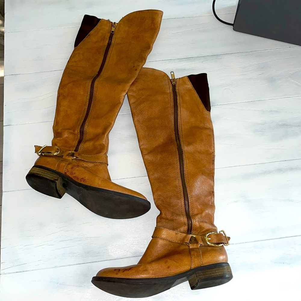 Steve Madden cognac riding boots 6Us leather faux zipper SKIPPUR over knee